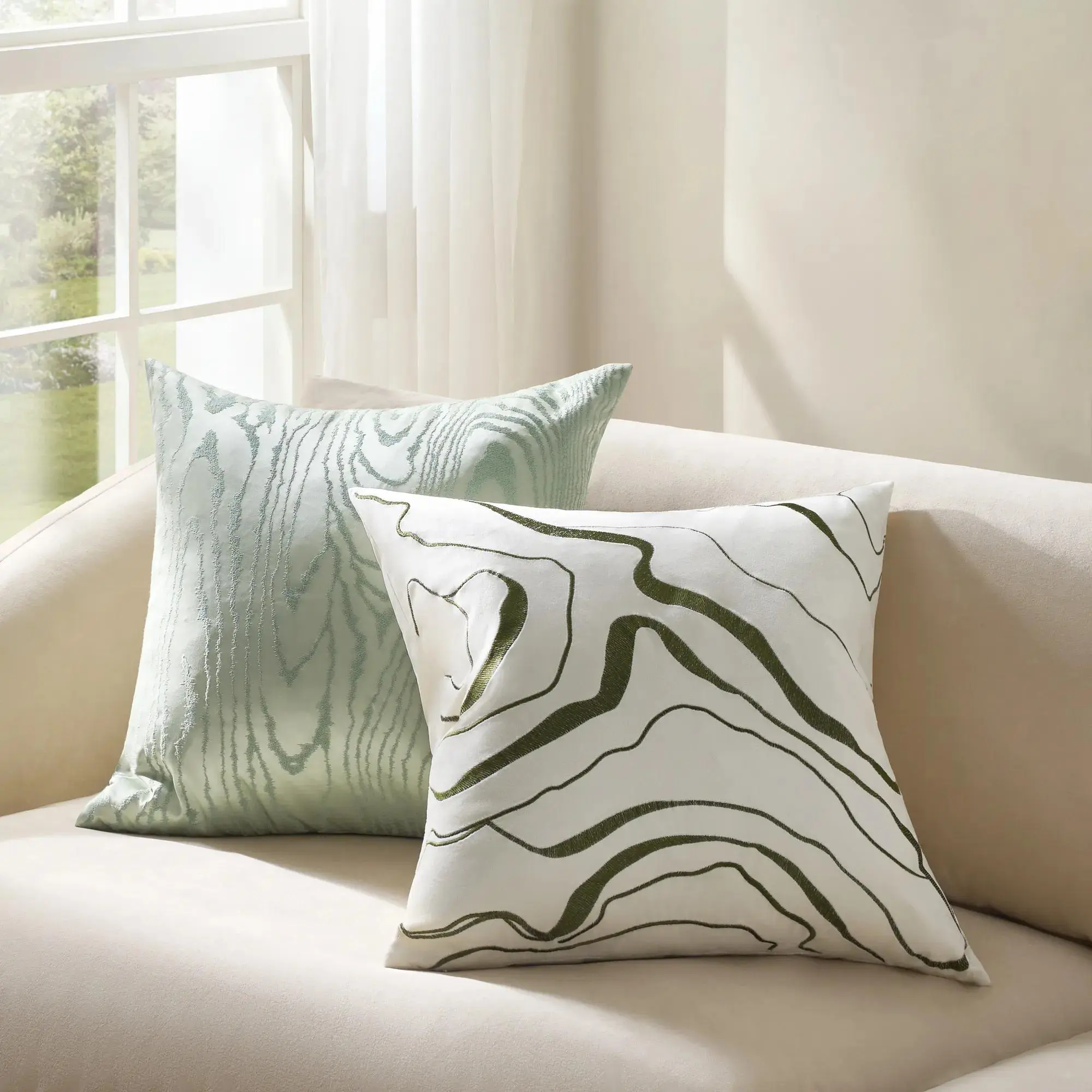 Z Gallerie Moiré Embroidered Feather Down Pillow, 22in Sea Glass/Black - Artistic Home Room Decor for Living Room
