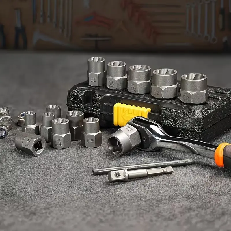 14pcs Hex Socket Set | Compatible with 1/4"-3/8" Drivers, Covers 6.35mm to 19mm, Strong Grip, Easy to Remove, Metal, Ideal for Automotive and Home Repairs