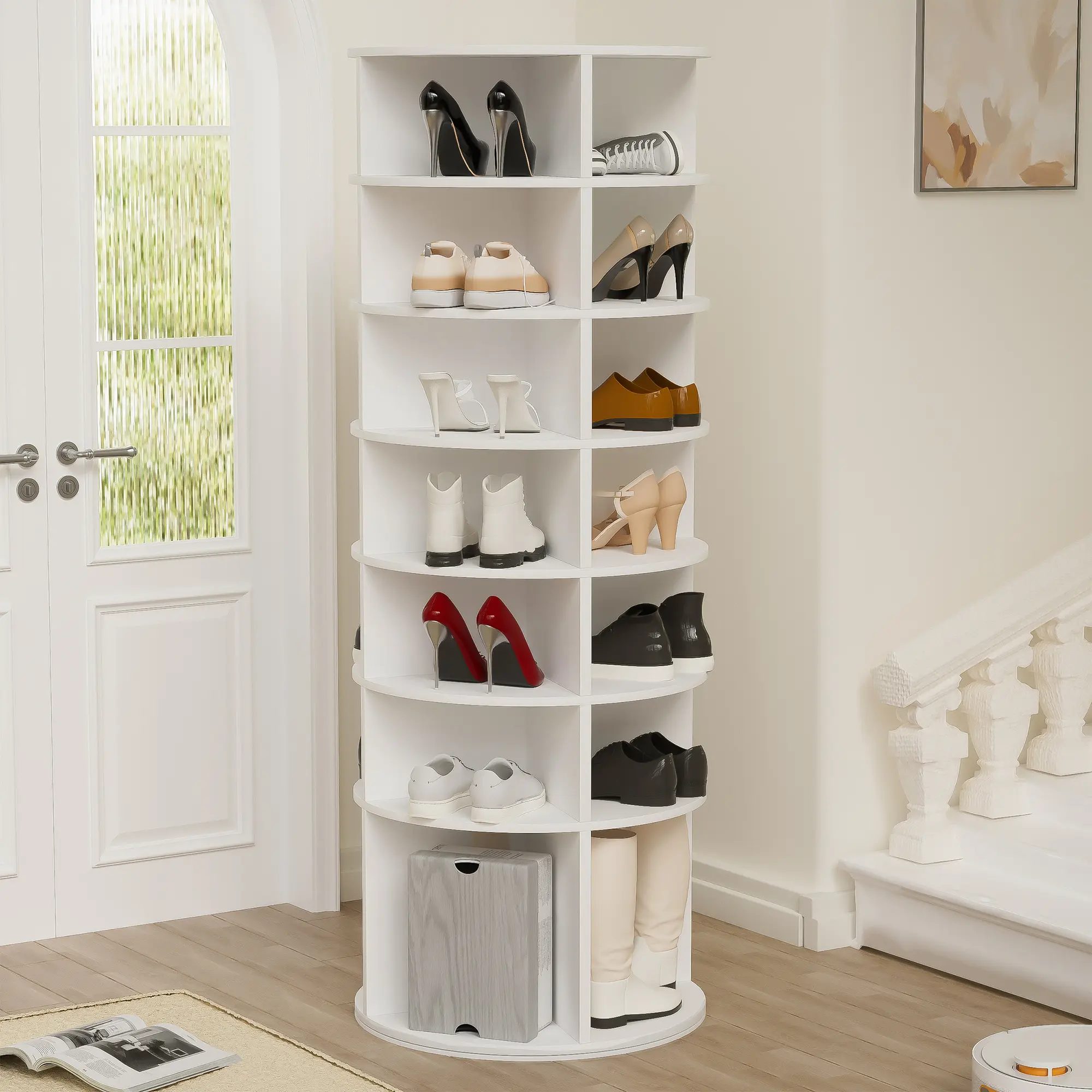 360° Rotating Shoe Rack Organizer - 7 Tier Tall Narrow Shoe Cabinet for Entryway, Spinning Corner Storage Tower for Heels Boots Bags, Space Saving Freestanding Shoe Shelf