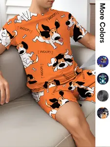Men's Cartoon Print Tee & Shorts Pajama Two-piece Set Loungewear, Casual Comfy Round Neck Short Sleeve T-shirt & Shorts PJ Set, Men's Sleepwear for Summer