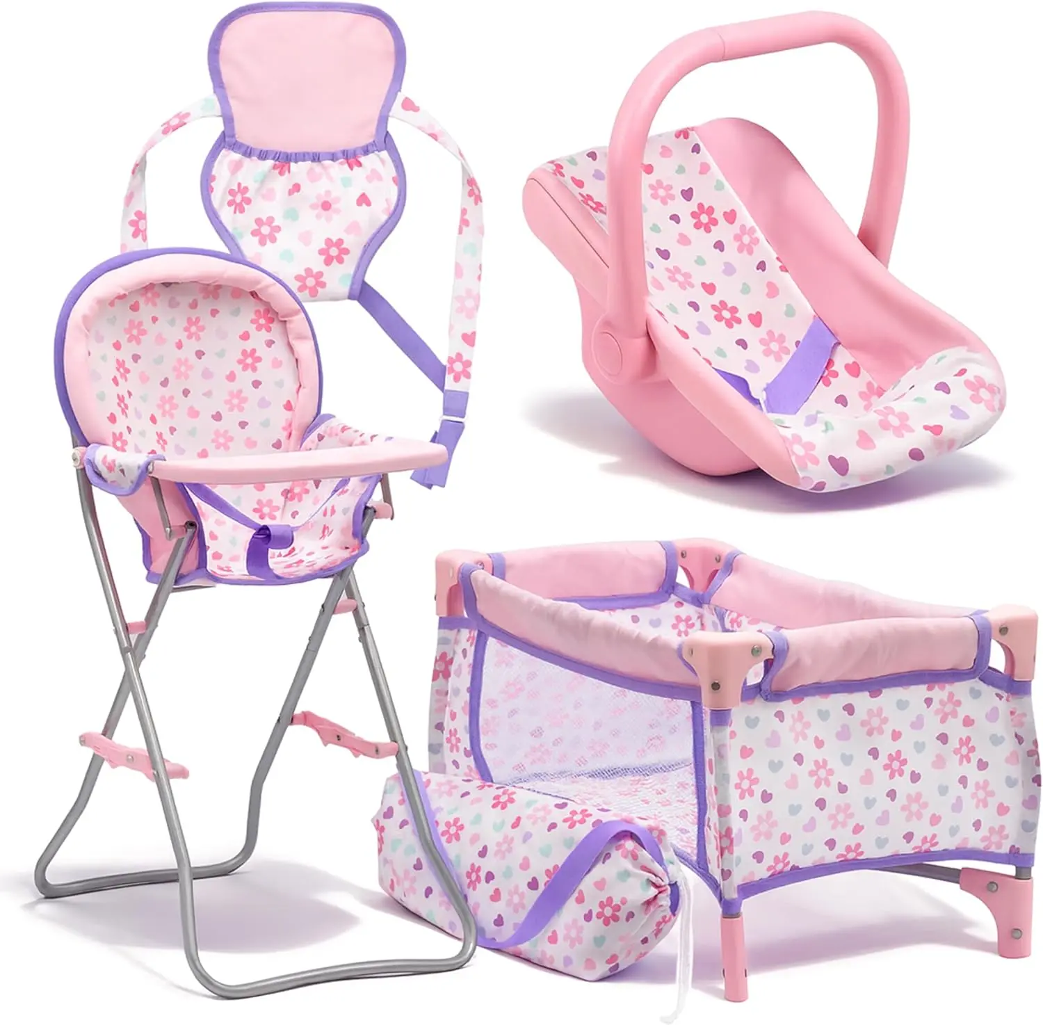 Baby Doll Nursery Set for Toddlers – 4-in-1 Pretend Play Set with Doll Bed, High Chair, Carrier & Rocking Chair – Purple Doll Accessories for Girls Ages 3–5