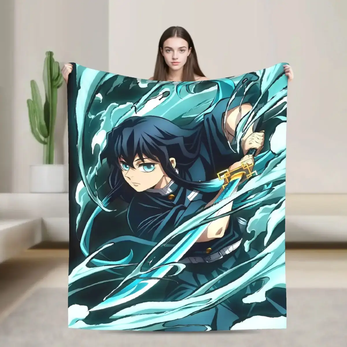 Muichiro Tokito Anime Blanket, Mist Sword Character Flannel Throw for Manga Shelf Decor, Gaming Room Couch, Dorm Bed, Study Nook, Calm Blue Bedroom Accent, Cozy Gift for Sword Anime Collectors and Quiet Zen Rooms