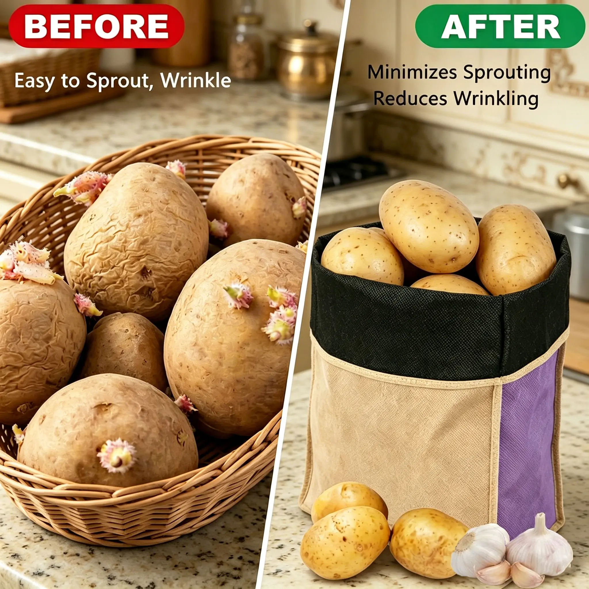 Potato Storage Bags with Side Zipper - Breathable & Light-Blocking Pantry Organizer | Keeps Veggies Fresh Longer, Heavy Duty Vegetable Storage Container for Kitchen