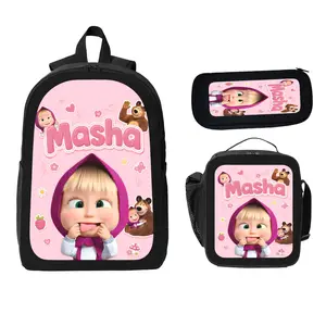 Masha and the Bear Cartoon Cute 3PCS Backpack Set Large Capacity School Bookbag with Lunch Box Pencil Case Lightweight Travel Daypack Gift for Boys Girls Kids Teens Back to School