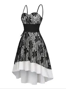 【Plus Size】Floral Pattern Lace Trim Cami Dress, Elegant Casual Sleeveless Dress for Party Holiday Wedding Guest, Women's Clothes for All Seasons