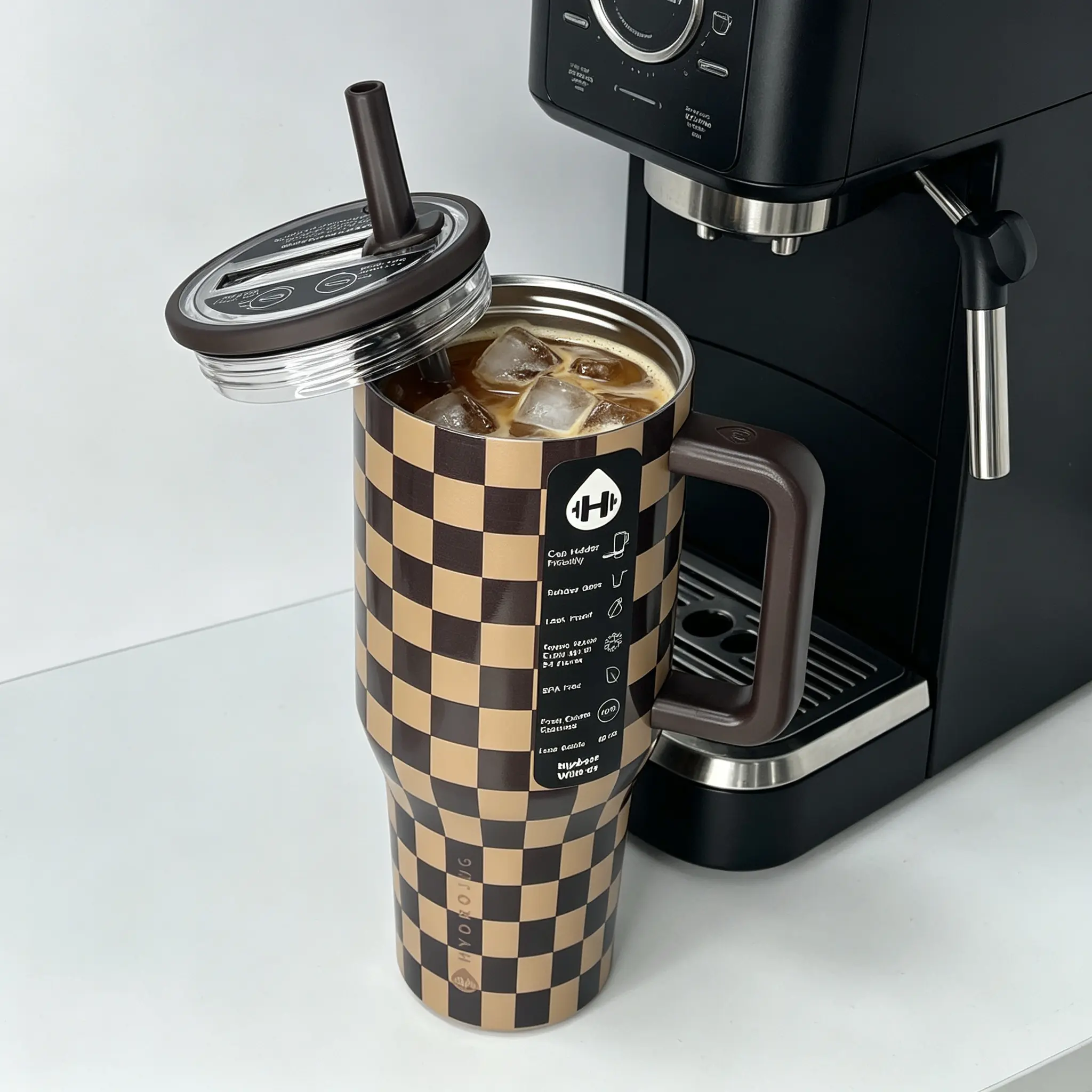 HydroJug 40oz Brown Checkerboard Vacuum Flask Large Tumbler, Leak-Resistant Lid, Large Handle, Cupholder-Friendly Stainless Steel Mug for Hot/Cold Drinks, Stylish Daily Car Gift, Flasks Large Tumbler Vacuum
