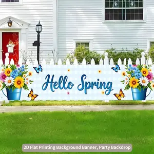 2D Flat, 1pc Hello Spring Backdrop Banner with Spring & - Suitable for Fence, Lawn, Photo Booths, Indoor/Outdoor Decor, Parties, Easter, Spring - No Power Needed