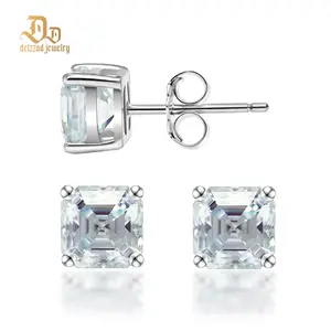 Delzzad Asscher Cut Synthetic Moissanite Prong Stud Earrings S925 Studs Christmas Gift For Men Women
