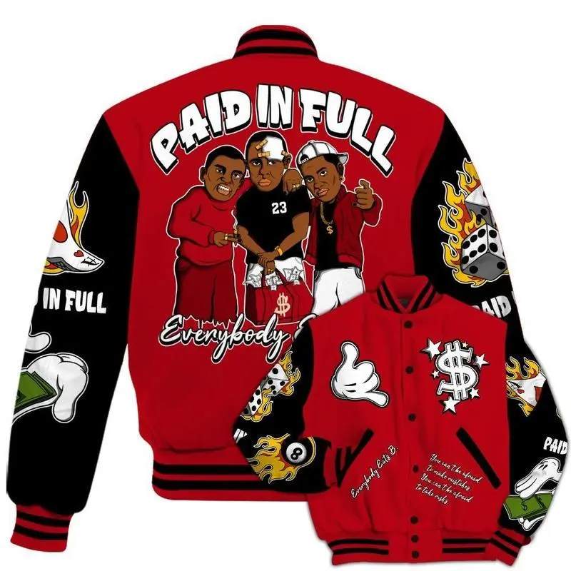 Varsity Jacket To Match Bred Velvet 11s - Funny Everybody Paid In Full Graphic All Over Print Baseball Jacket, Unisex Streetwear Outerwear, Anime-Inspired Baseball Jacket�C Cool Otaku Streetwear, Hiphop Varsity Jacket, Gift for Friends