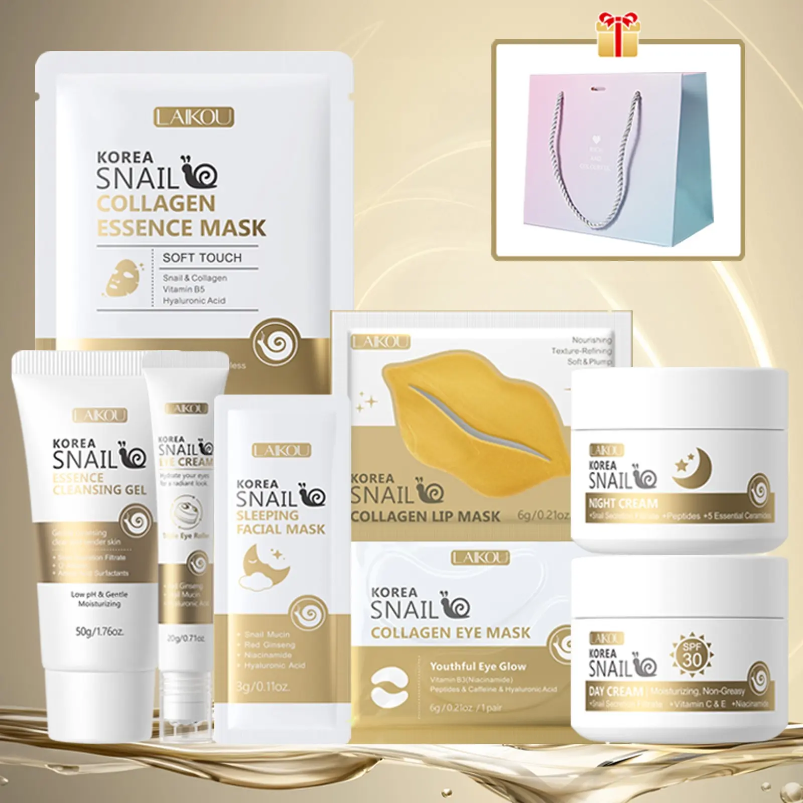 LAIKOU Korea Snail Collagen Skin Care Sets, 8-Piece Firming & Elasticity Boosting Kit with Day & Night Cream, Snail Essence Cleansing Gel & Eye Treatment, Hydrating Moisturizing Daily Routine for Skin Smoothing