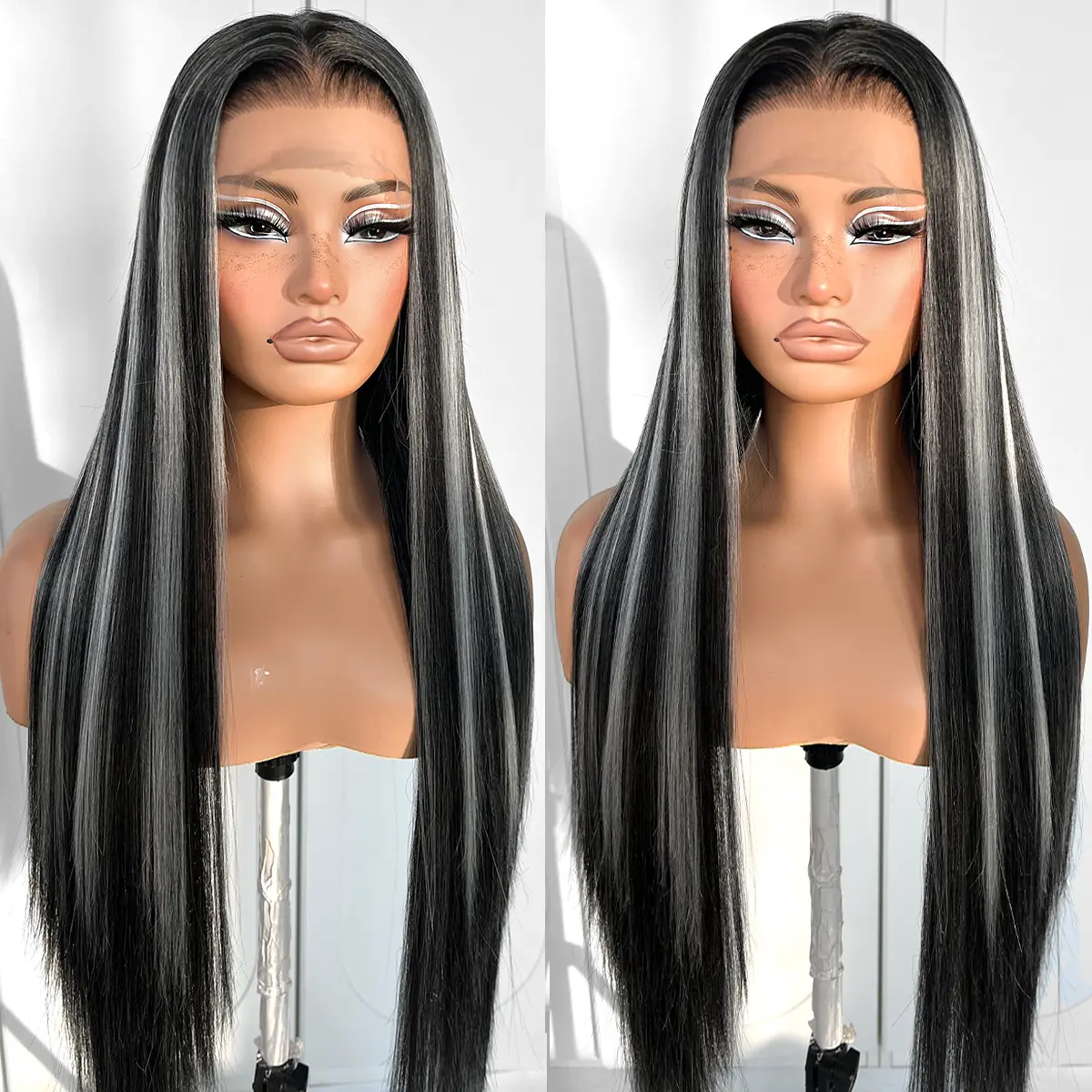 MITIMES  Lace Front Wig T-Part Perfect Middle Part Pre-Plucked Highlights Straight HD Lace Wig  Black And White Highlight Synthetic Grey HD 32inch, Straight Hair Wig, Frontal Lace Wigs