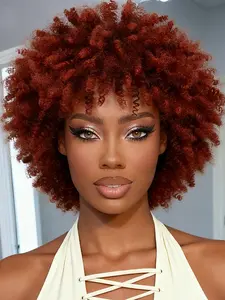 Short Afro Curly Wigs for Women, 99j Fluffy Afro Curly Wig with Bangs, Burgundy Reddish Brown Glueless Kinky Curly Hair, Copper Synthetic Heat Resistant, 10 Inches, Machine Made Wig, Boho Style Wigs