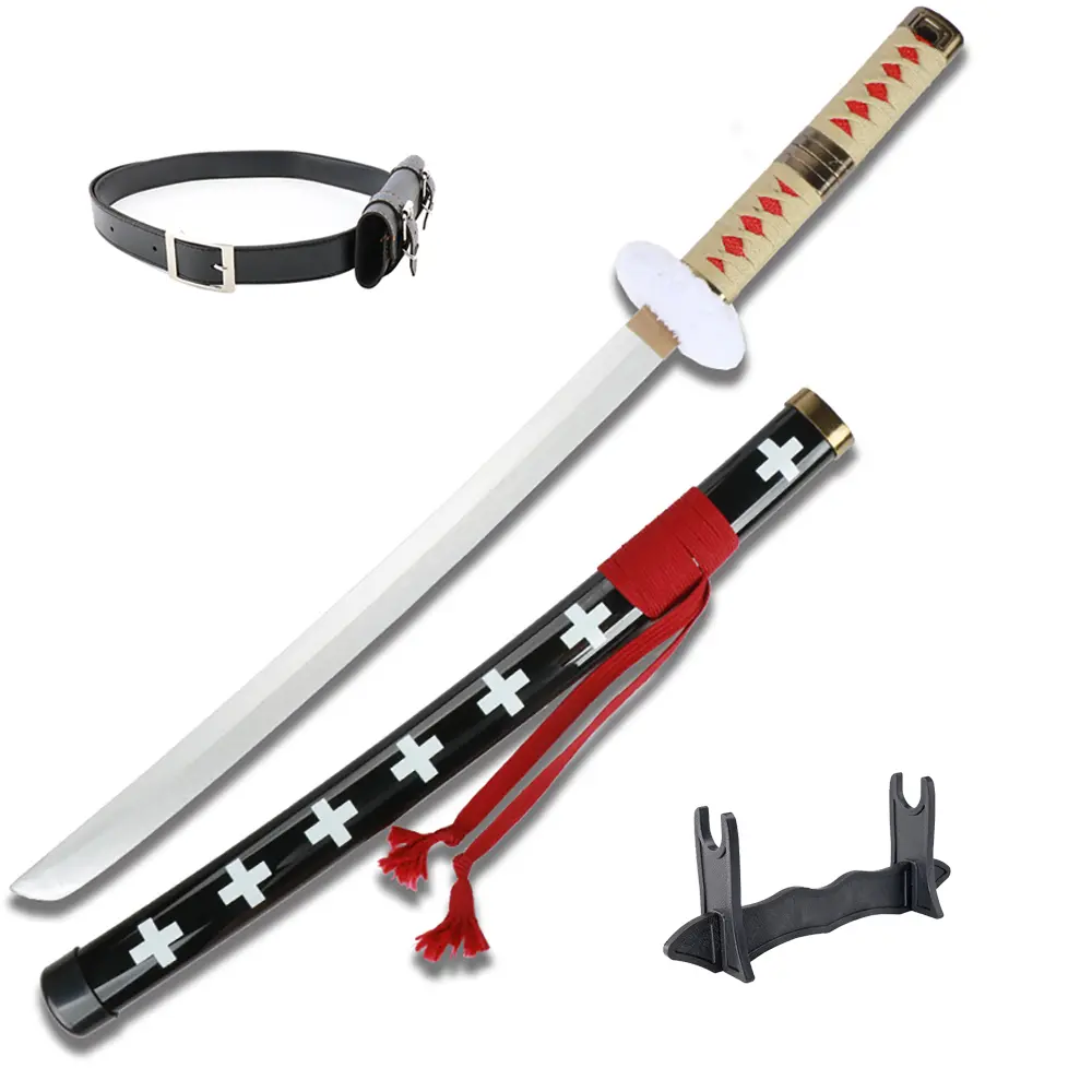 ELERVINO 31-in Bamboo Wooden Plastic Anime Swords Set, Roronoa Zoro & Trafalgar Law Unisex Cosplay Props with Black Belt, Holder Stand Display, Easy Handling, Ages 12+, for Halloween Role Playing, Decoration Gifts