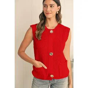 Fiery Red Solid Textured Knit Side Pockets Buttoned Sweater Vest