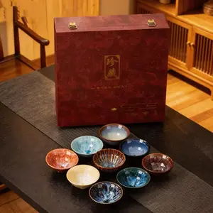 9Pcs Exquisite Kiln Change Ceramic Tea Cup Set, 80-110ml Vintage JianZhan Style Tea Tasting Cups, Elegant Kung Fu Tea Set with Master Tea Bowls, Complete Household Tea Set with Luxury Gift Box, Perfect for Tea Lovers & Gifting