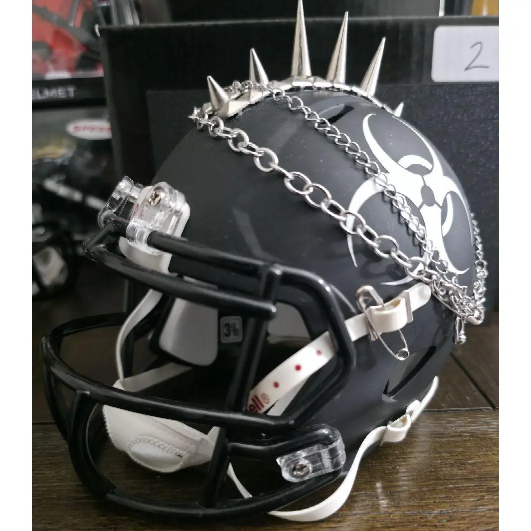 Customized Unsigned Mini Helmet Black/White with Chain and Spike Details