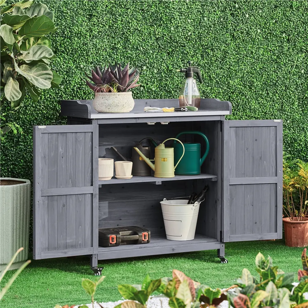 Costoffs Wood Garden Potting Bench Table - Outdoor Furniture with Metal Tabletop, Large Tool Storage Cabinet, Organizing Shelf for Backyard, Patio