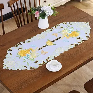1 pc Model 2413 Elegant Butterfly Embroidered Table Runner, Polyester, Floral Design, Rectangular, Modern Home Decor, Wedding & Holiday Decoration