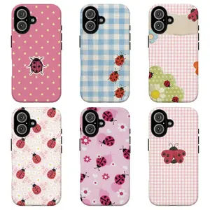 Whimsical Ladybug Print Smartphone Case - Pink & Blue Gingham, Star & Floral Aesthetic Protective Shell for iPhone 11-17 Air Pro Max, Samsung S21-S26 - Handheld Cellphone Accessory, Gift for Her