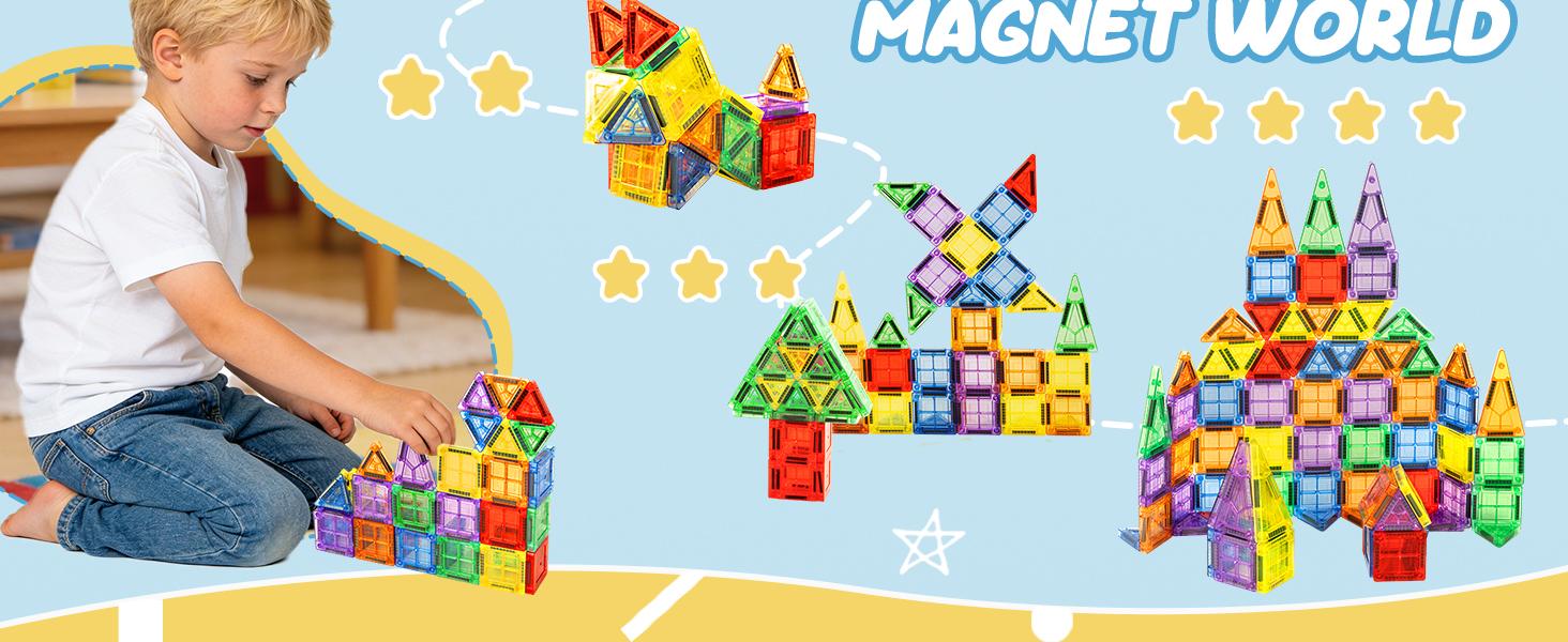 Cossy Mini Magnetic Tiles, 80 PCS Magnet Tiles Travel Toys with Iron Box, Travel Magnetic Tiles for Restaurant, Car & Plane Play, Toys for 3 4 5 6 7 8 Year Old Boy and Girl