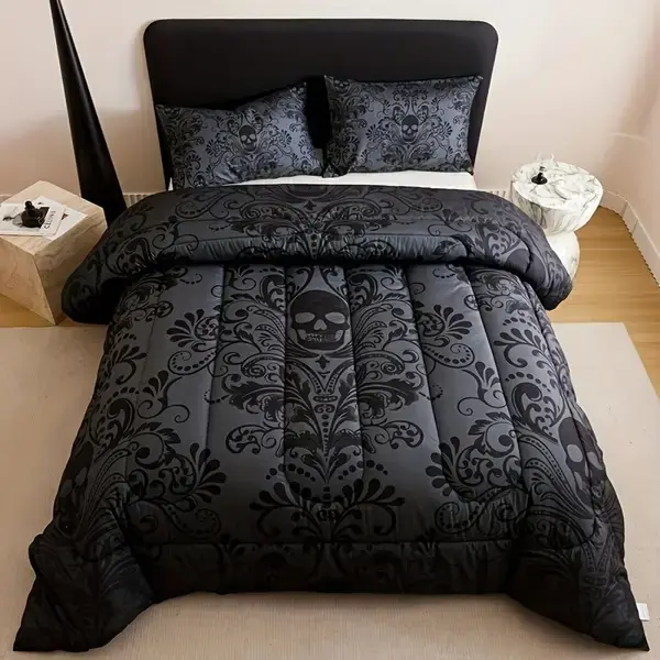 3-Piece Baroque Gothic Victorian Skull and Decorative Bedding Set - 180gsm thick duvet with 2 pillowcases, black and grey Damask design, soft breathable Polyester filling