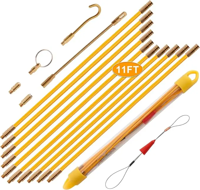 33FT Fiberglass Fish Tape Wire Puller Kit Cable Running Rods Set for Electrical Wiring Through Wall Attic Conduit Home Installation