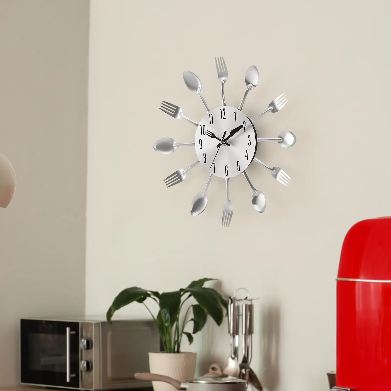 12in Flatware Shaped Wall Clock, 3D Metal Silver Kitchen Wall Clock - Spoon Fork Hands Design, Modern Home/Living Room/Dining Room Decor, Minimalist Wall Clock, Wall Decor, Shipment within 1-2 days#tiktokshopsummersale