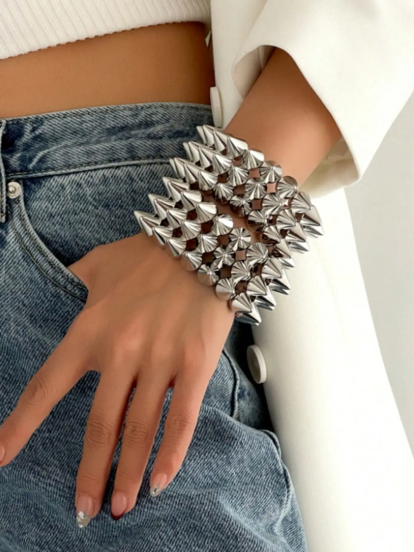 2pcs Punk Style Rivet Spikes Bracelet Set, Unisex Silver Edgy Design, Perfect for Daily Wear, Parties & Festivals, Trendy Jewellery Accessories, Fashion Cool Accessories
