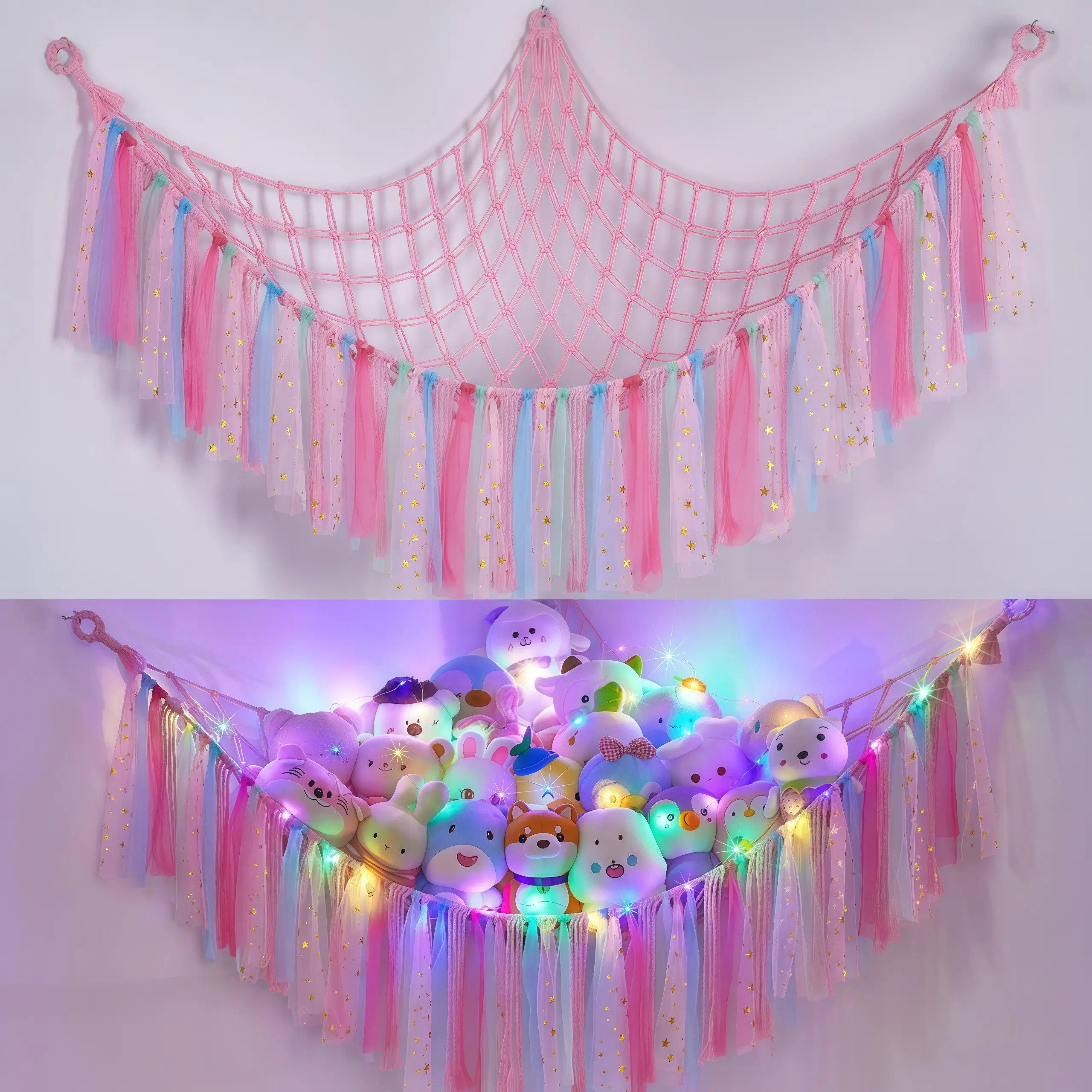 LED Light Stuffed Animal Net-Hammock - Wall-Mounted Home Supplies, Household Storage Organizer, Interior Organizers, Decorative Nursery Baskets, Room Decor, Small Room Organization Solution