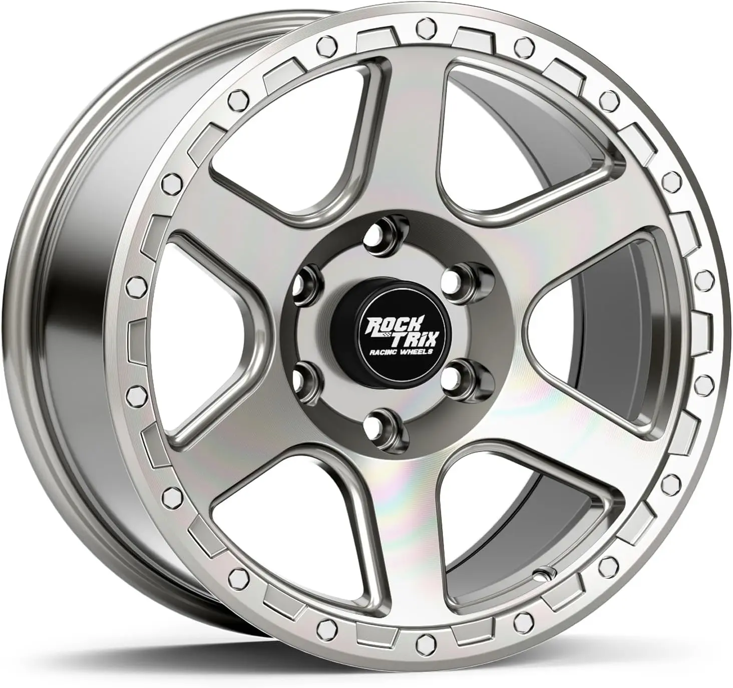 RockTrix RT112 17 inch Wheel 17x9 6x135, 12mm Offset, Machined Silver | Compatible with Ford F150 (2004-2026) and Bronco Raptor. Off-Road Rim, 4.5in Backspacing, 2200lb Weight Rating, 87.1mm Bore.