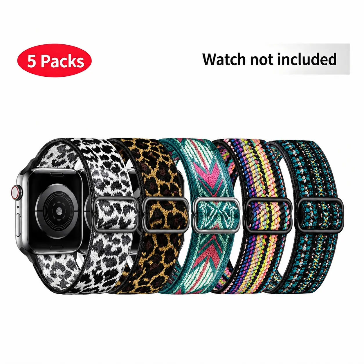 5-Pack Adjustable Nylon Woven Apple Watch Bands, Breathable Braided Sport Straps Compatible with Apple Watch Series 10/9/8/7/6/5/4/SE/Ultra 2, Wearable Smartwatch Accessories for Men and Women