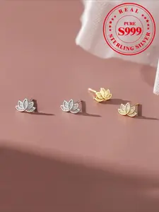 S999 Sterling Silver Lotus Design Earrings, Flower Stud Earrings, Cute Lotus Earrings for Women & Girls, Fashion Jewelry for Party, Daily Decor, Trendy All-match & Exquisite Jewelry for Birthday Gift, Elegant Minimalist Earrings