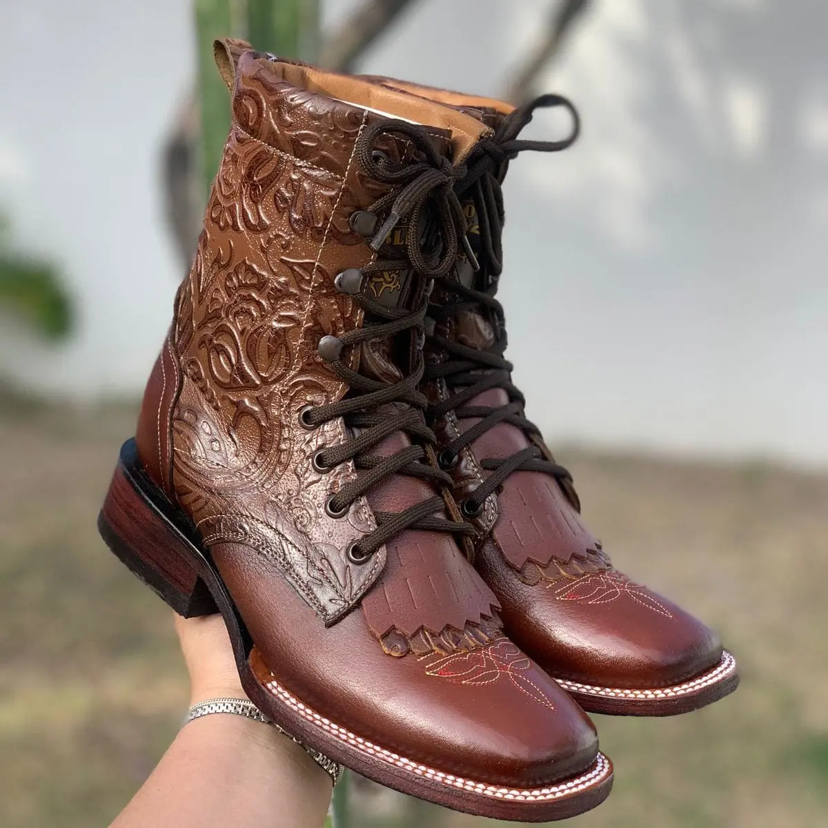 Lace Up Cowgirl Boots Tooled Print Square Toe