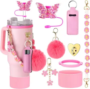 Cup Accessories for Stanley Cup 30oz 40oz Tumbler with Handle, Including Water Bottle Handle Strap, Chapstick Holder, Boot, Keychain Charms, Straw