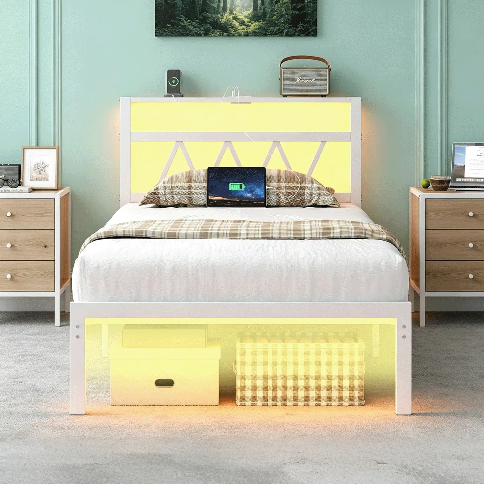 PUNICE LED Metal Smart Platform Bed Frame - Twin/Full Size Sturdy Design with RGB LED Light, Charging Station, Storage Drawers - Modern Bedroom Furniture