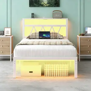 LED Metal Bed Frame with Storage Drawers & RGB Lights, Twin/Full Size Platform Bed with Charging Station, Modern Bed Frame for Bedroom