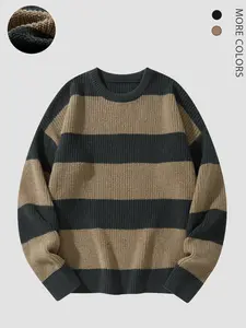Men's Colorblock Striped Drop Shoulder Sweater, Loose Casual Long Sleeve Round Neck Knitwear for Fall & Winter, Daily Fashion Fitted, Sweater Tops