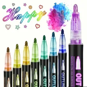 8/12pcs Colorful Double-Line Outline Pens Set - Metallic Glitter Pens - Colored Marker Highlighter Pens, Writing Pens, For DIY Photo Album, Cardmaking, Scrapbooking, Crafts, Ceramic, Stone, Glass, Birthday, Christmas Gifts
