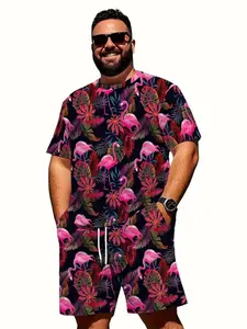 Men's Plus Size Summer Casual Matching Set Outfit, Flamingo & Tropical Print Short Sleeve T-Shirt and Drawstring Shorts, Lightweight Breathable Polyester Mix