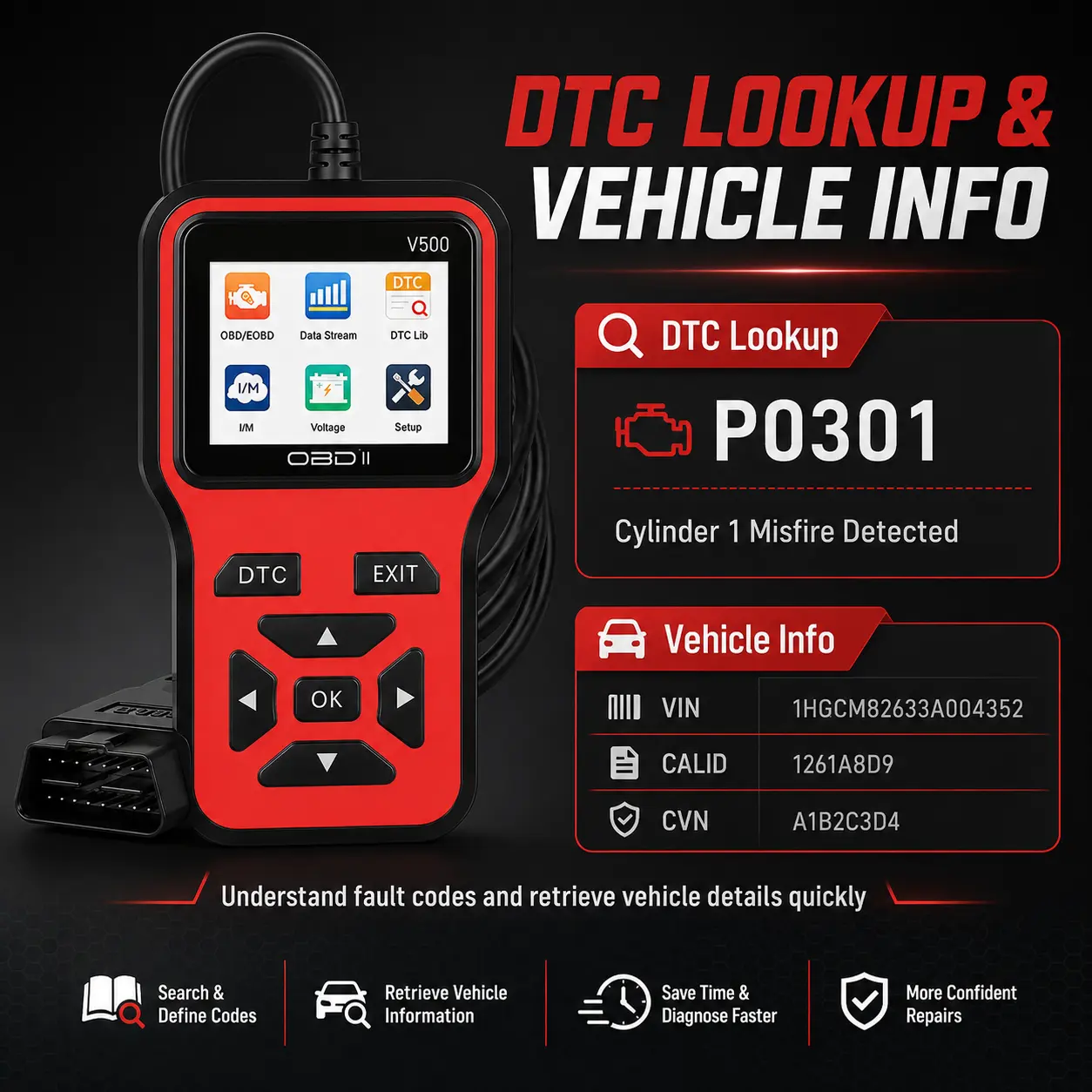 V500 OBD2 Diagnostic Tool, Car Battery Voltage Tester, DTC Lookup Engine Code Reader with Full OBD2 Functionality, Mode 6-8 Reset for OBDII EOBD Vehicles
