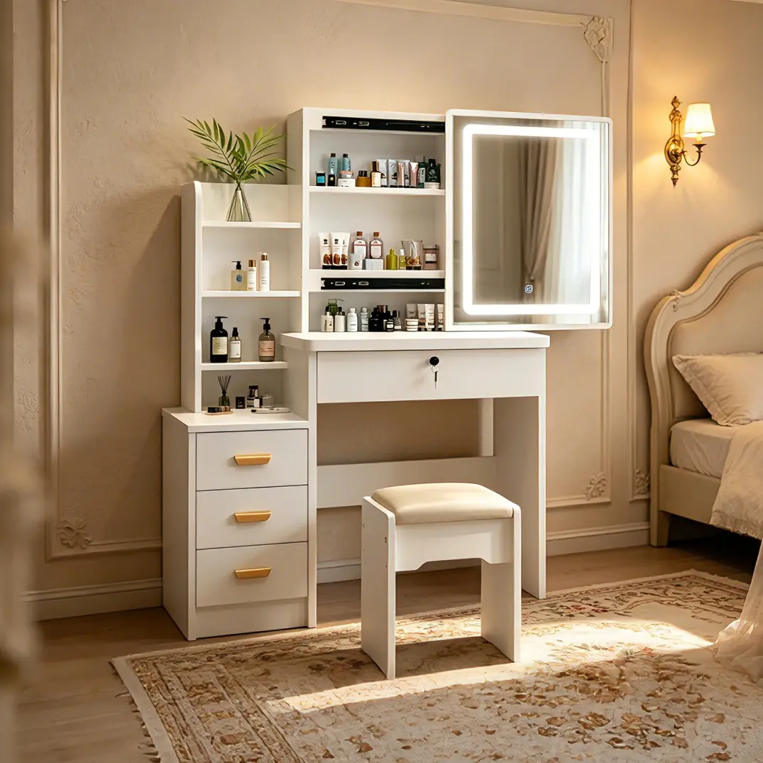 Lighted Mirror Makeup Vanity Desk, White Dressing Table with 3 Shelves, Drawers and Chair, Large Capacity Storage Organizer for Bedroom