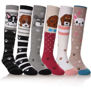 X-SOK42  Girls Knee High Socks Kids Crazy Fun Gift Cute Animal Patterns Cotton Long Socks 6 Pairs