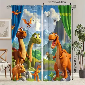 Dinosaur Curtains Set of 2, Cartoon Dinosaur Bedroom Decor, Cute Fun Colorful Wildlife Art Print Living Room Curtains