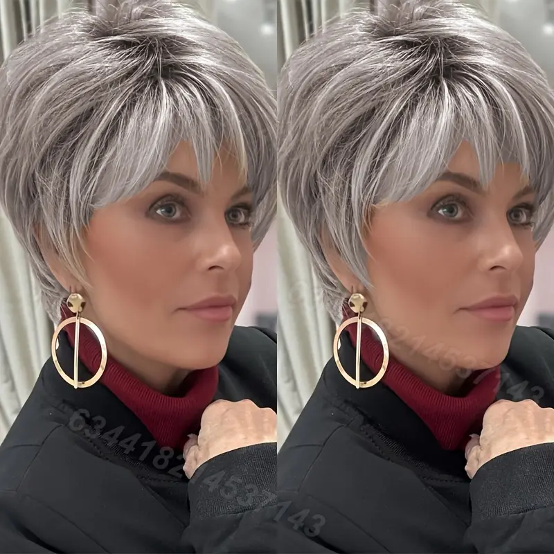 6 Inch Straight Layered Short Wig, Premium Brazilian Remy Human Hair, 150% Density Natural Gray Tone, Glueless Rose Net Cap Design, Stable Secure Wear, Elegant Sophisticated Layered Hairstyle