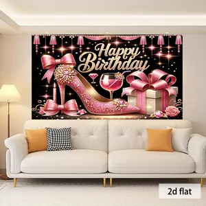 Pink 2D Flat Birthday Party Tapestry Banner, 90x60 in Polyester Home Decor, Cake Table Background for Weddings & Photography Studio Props, Wedding