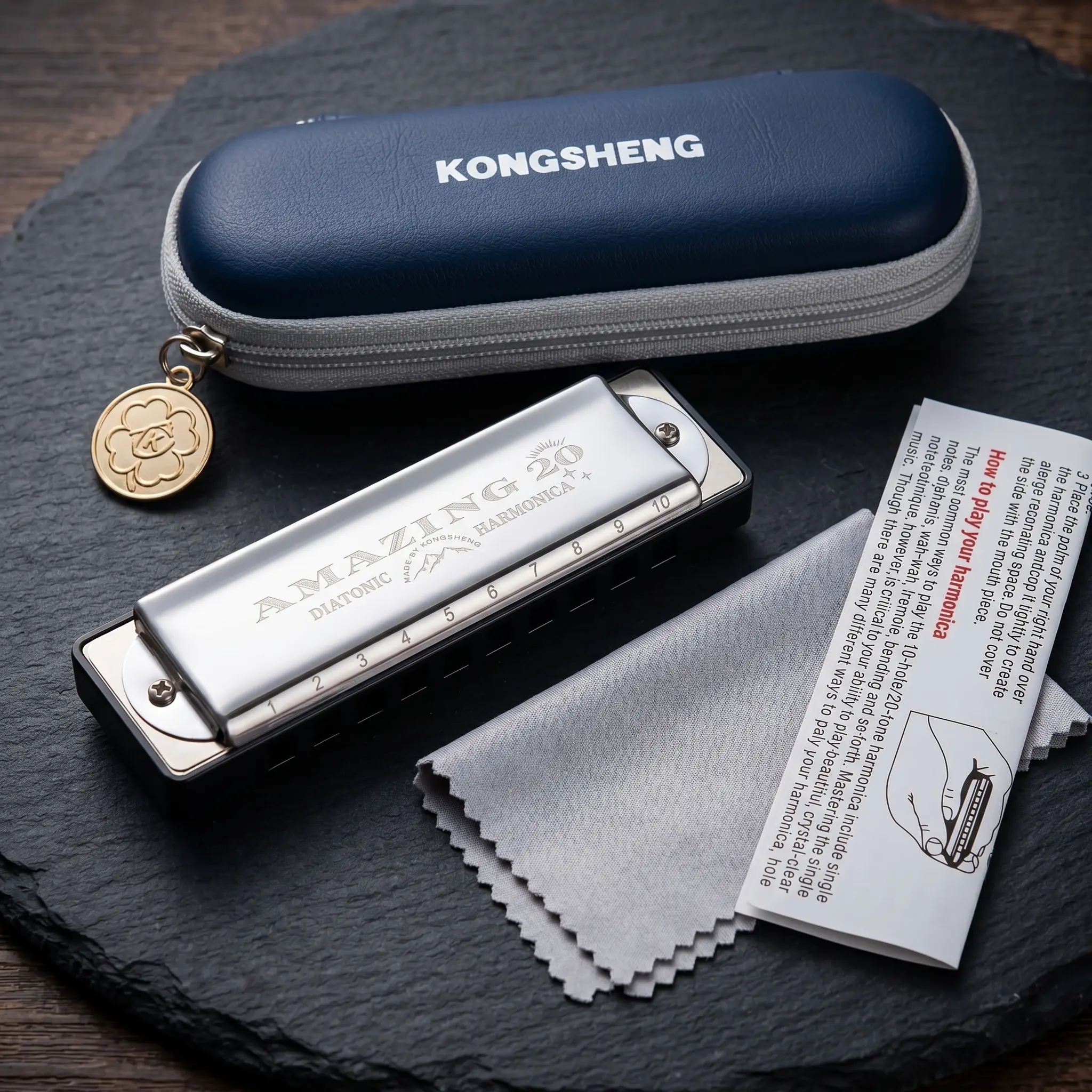 KONGSHENG AM20 10-Hole Diatonic Harmonica - Richter Tuning, Portable, Phosphor Bronze Reeds, ABS Comb, Bright Rich Sound, Stainless Steel Covers, Included Protector, Ideal Gift for Harmonica Players