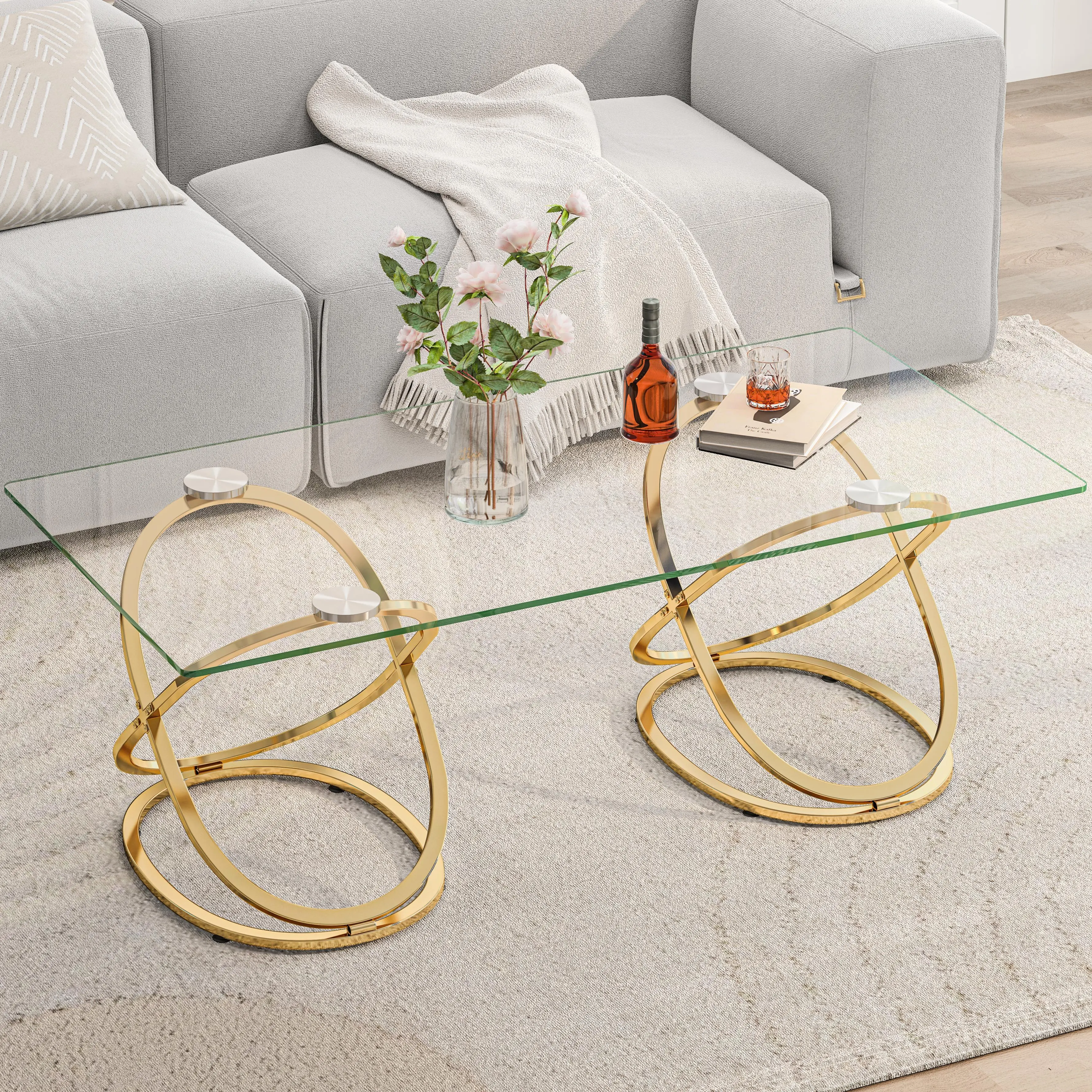 31.50'' Modern Rectangle Glass Coffee Table - Ring-Shaped Metal Frame, Clear Tempered Glass, Luxury Center Table for Living Room, Office