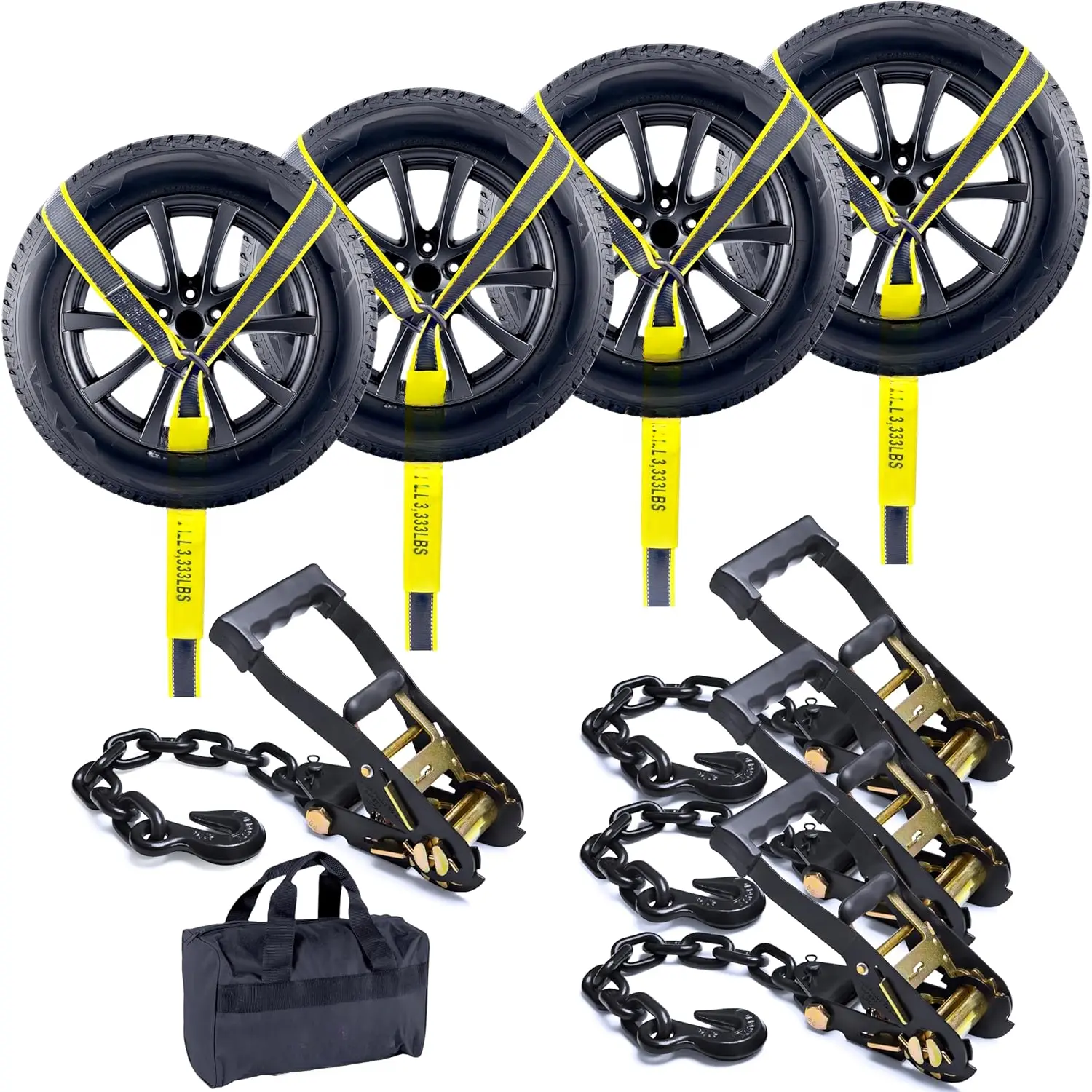 4 Pack Reflective  Tie Down Straps for  - Tire Ratchet Strap with Chain Anchors - 2" x 10' 10,000LBS Break Strength - Lasso Style Wheel Straps for Hauling UTV, SUV, , Any