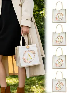 Personalized Linen Tote Bag with Rose Wreath Gold Initials A-Z, Flower Wreath Shopping Bag, Decorated with Small Flower Linen Buttons, Portable Casual Storage Tote Bag, New Design, for Daily Use, Commuting, Perfect Gifts, Custom Bag