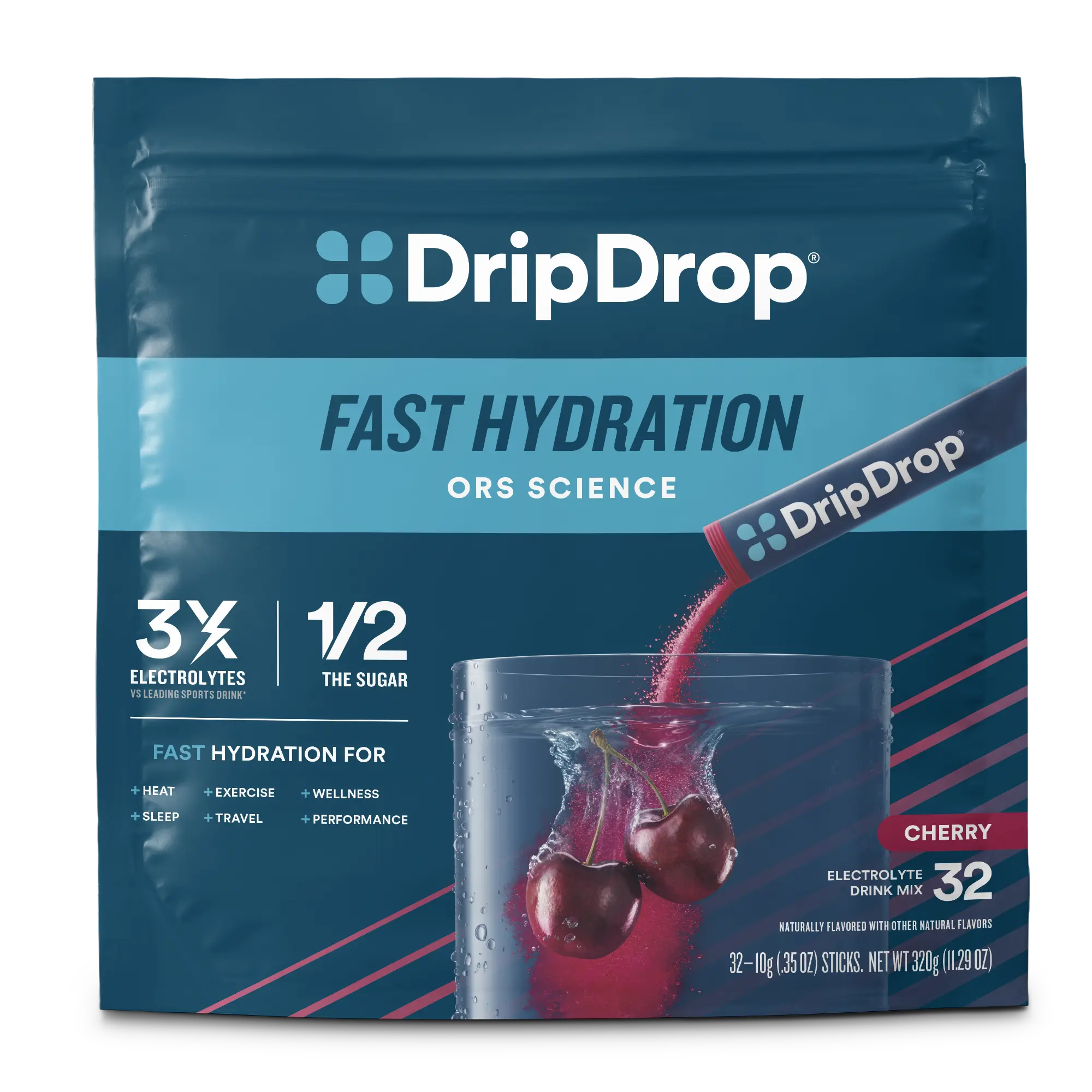 DripDrop Cherry Electrolyte Powder, 8 oz sticks, 32 count